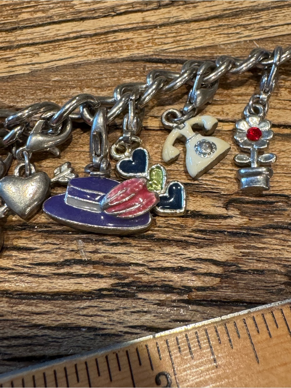 Brighton Silver Charm Bracelet with Purple Hat and Pink Tulip Accents